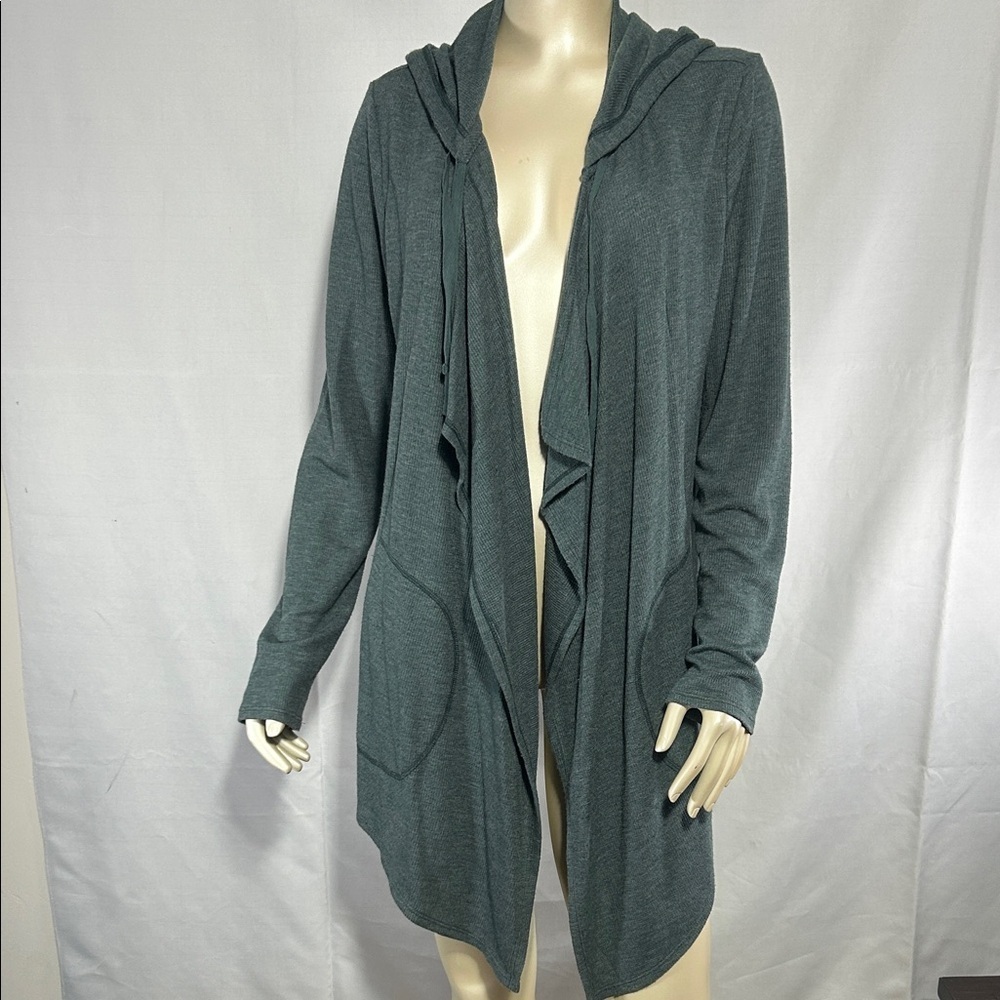 LOGO by LORI GOLDSTEIN Long Sleeve Green  Hooded Cardigan waffle knit medium